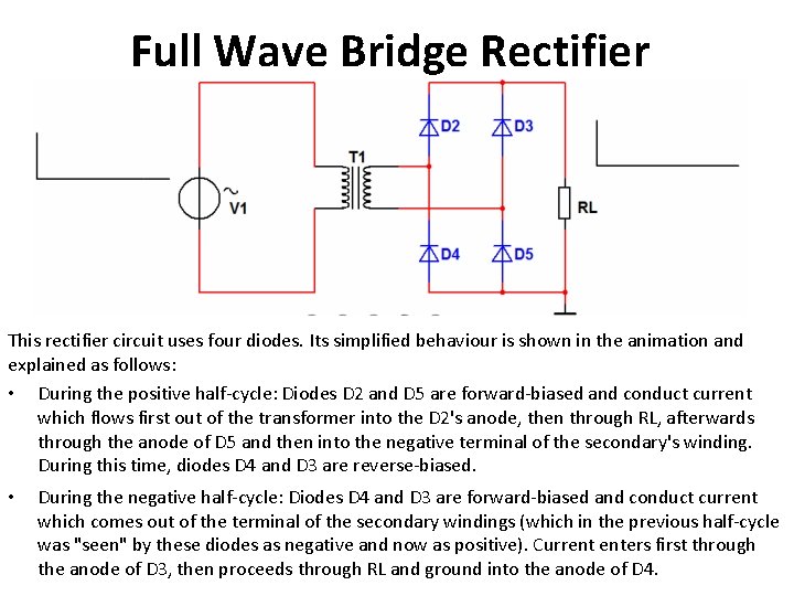 Full Wave Bridge Rectifier This rectifier circuit uses four diodes. Its simplified behaviour is