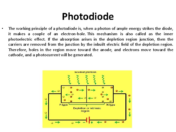 Photodiode • The working principle of a photodiode is, when a photon of ample