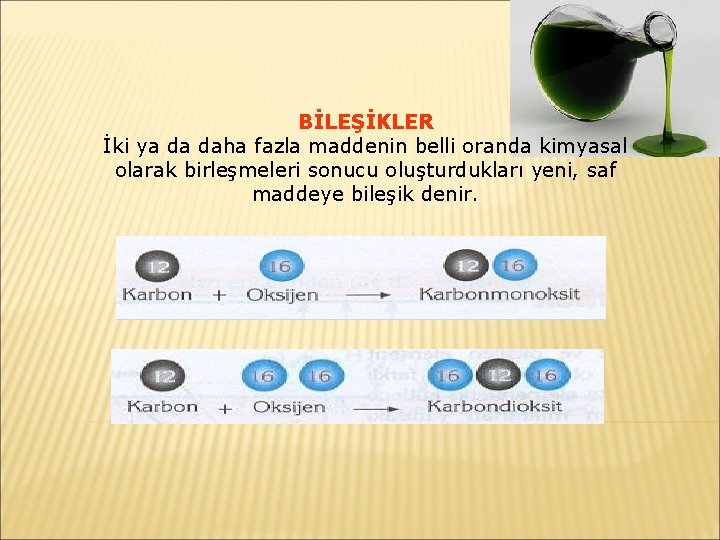 BİLEŞİKLER İki ya da daha fazla maddenin belli oranda kimyasal olarak birleşmeleri sonucu oluşturdukları