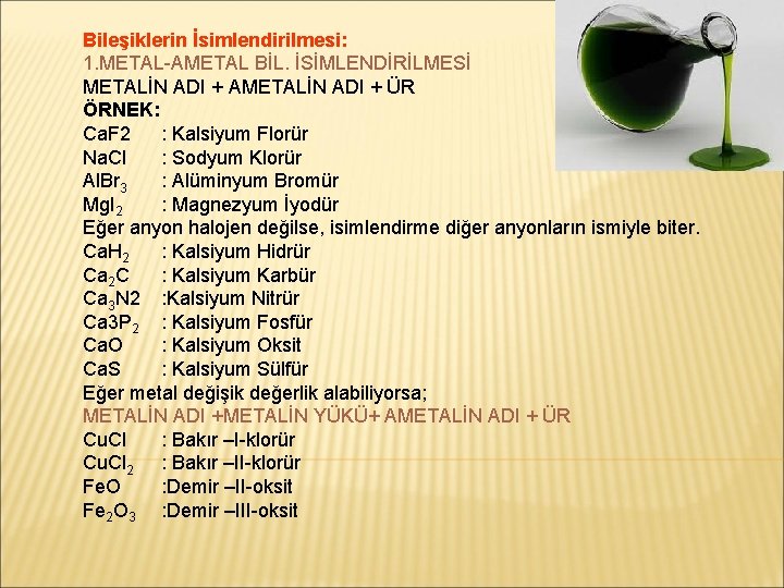 Bileşiklerin İsimlendirilmesi: 1. METAL-AMETAL BİL. İSİMLENDİRİLMESİ METALİN ADI + AMETALİN ADI + ÜR ÖRNEK: