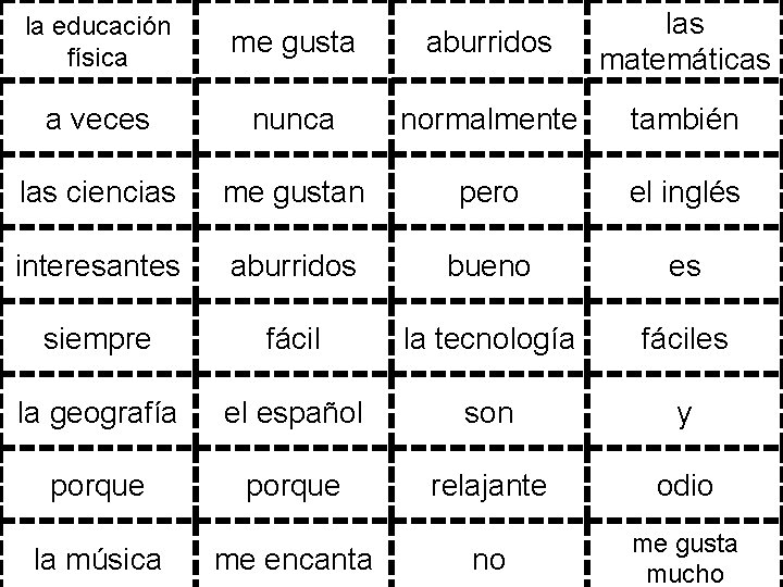 la educación física me gusta aburridos las matemáticas a veces nunca normalmente también las