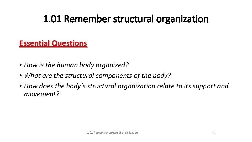 1. 01 Remember structural organization Essential Questions • How is the human body organized?
