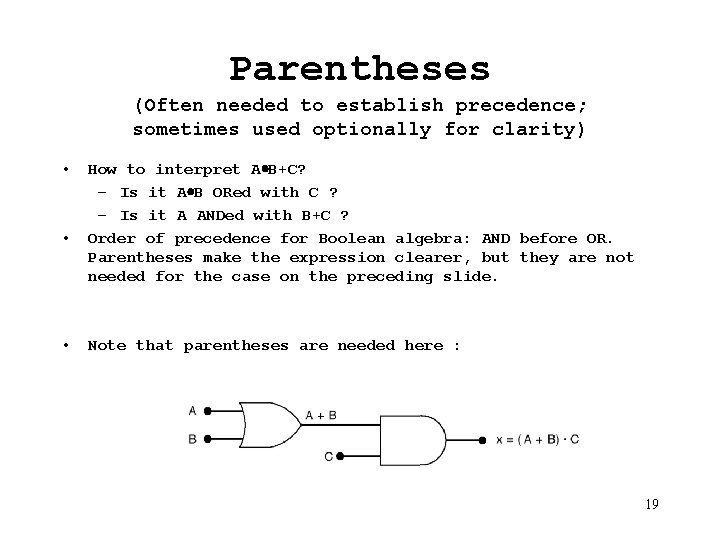 Parentheses (Often needed to establish precedence; sometimes used optionally for clarity) • • •