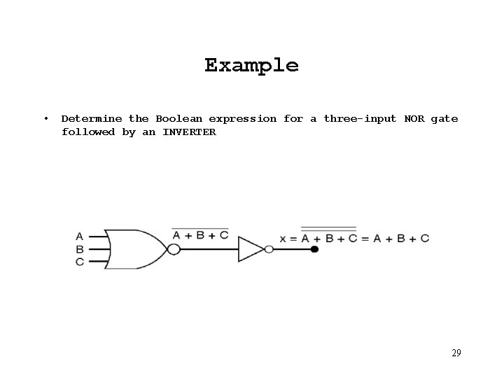 Example • Determine the Boolean expression for a three-input NOR gate followed by an