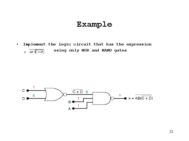 Example • Implement the logic circuit that has the expression using only NOR and