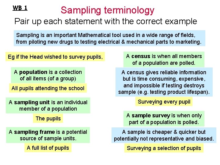 WB 1 Sampling terminology Pair up each statement with the correct example Sampling is