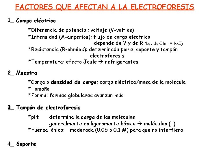 FACTORES QUE AFECTAN A LA ELECTROFORESIS 1_ Campo eléctrico *Diferencia de potencial: voltaje (V-voltios)