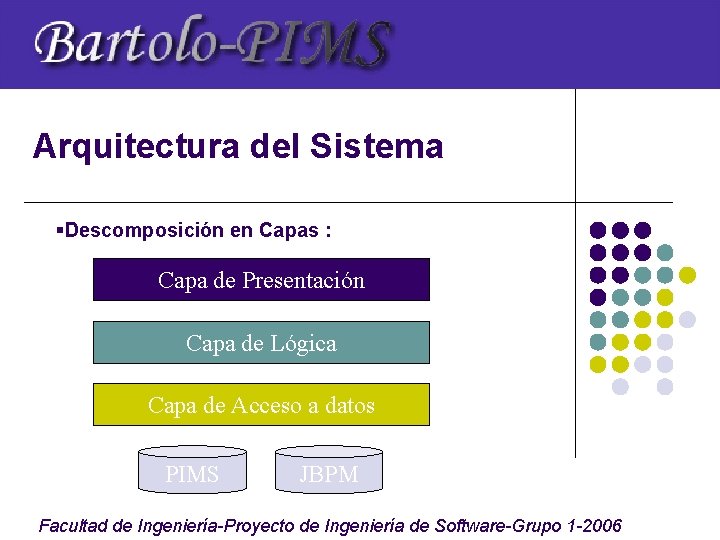 Arquitectura del Sistema §Descomposición en Capas : Capa de Presentación Capa de Lógica Capa