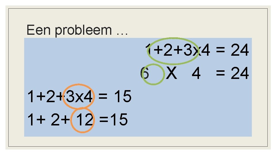 Een probleem … 1+2+3 x 4 = 24 6 X 4 = 24 1+2+3