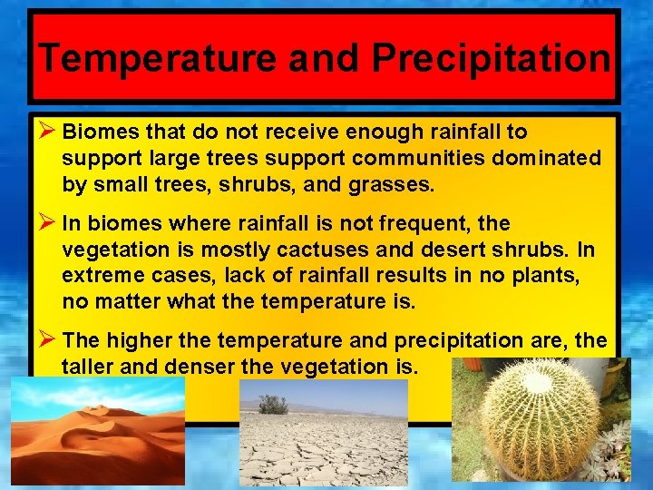 Temperature and Precipitation Ø Biomes that do not receive enough rainfall to support large