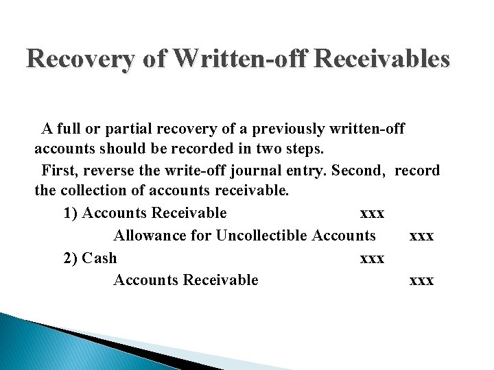 Recovery of Written-off Receivables A full or partial recovery of a previously written-off accounts