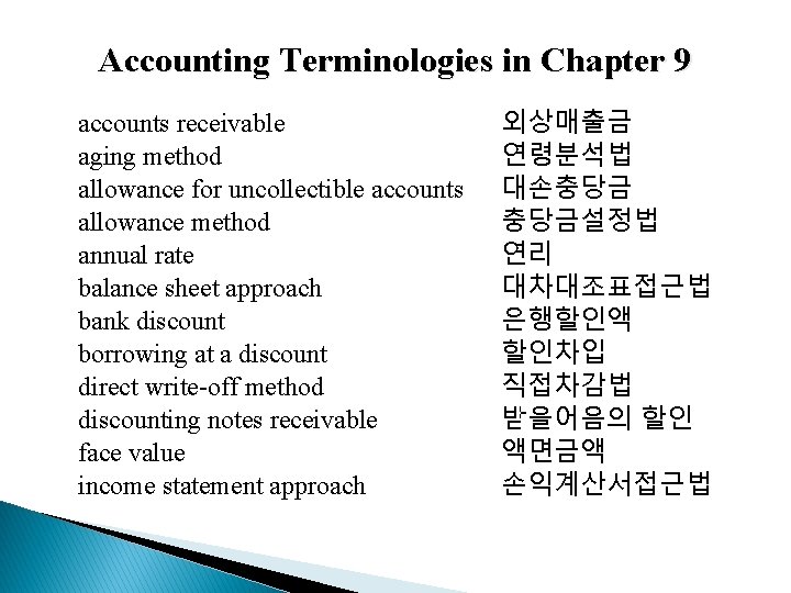 Accounting Terminologies in Chapter 9 accounts receivable aging method allowance for uncollectible accounts allowance