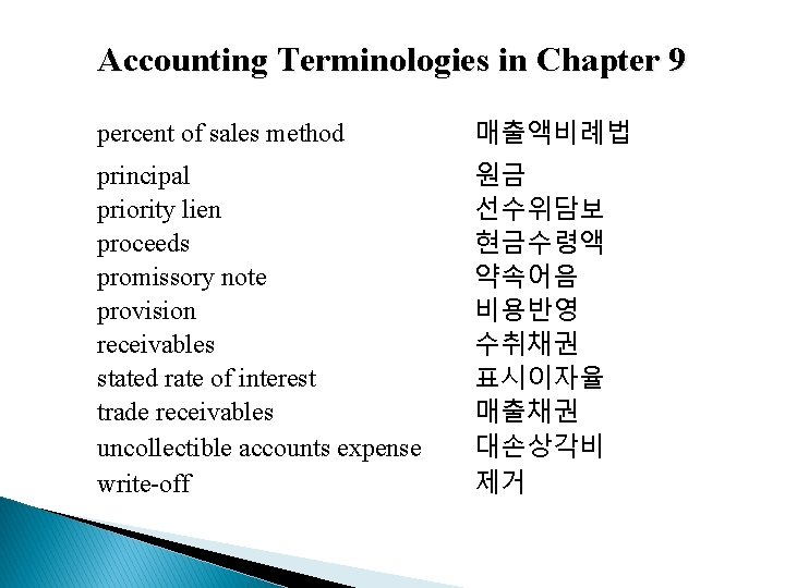 Accounting Terminologies in Chapter 9 percent of sales method 매출액비례법 principal priority lien proceeds