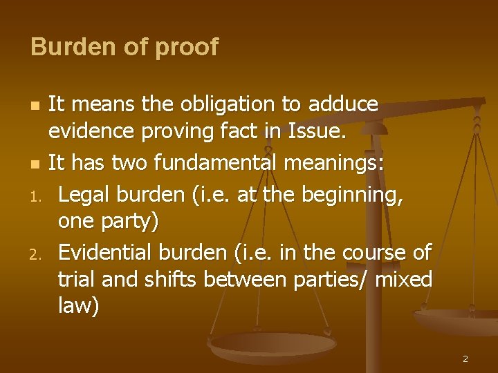 Burden of proof It means the obligation to adduce evidence proving fact in Issue.