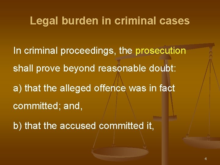 Legal burden in criminal cases In criminal proceedings, the prosecution shall prove beyond reasonable