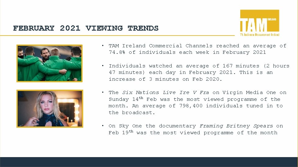 FEBRUARY 2021 VIEWING TRENDS • TAM Ireland Commercial Channels reached an average of 74.