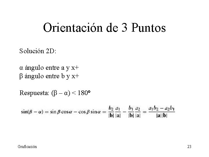 Orientación de 3 Puntos Solución 2 D: α ángulo entre a y x+ β