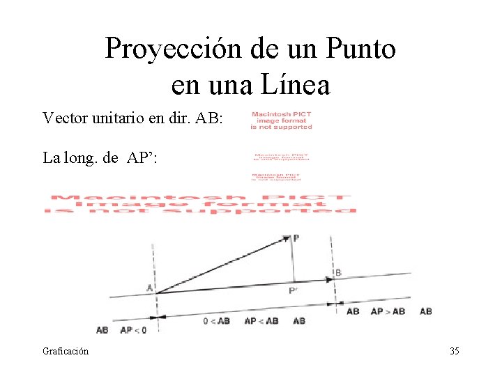 Proyección de un Punto en una Línea Vector unitario en dir. AB: La long. Proyección de un Punto en una Línea Vector unitario en dir. AB: La long.