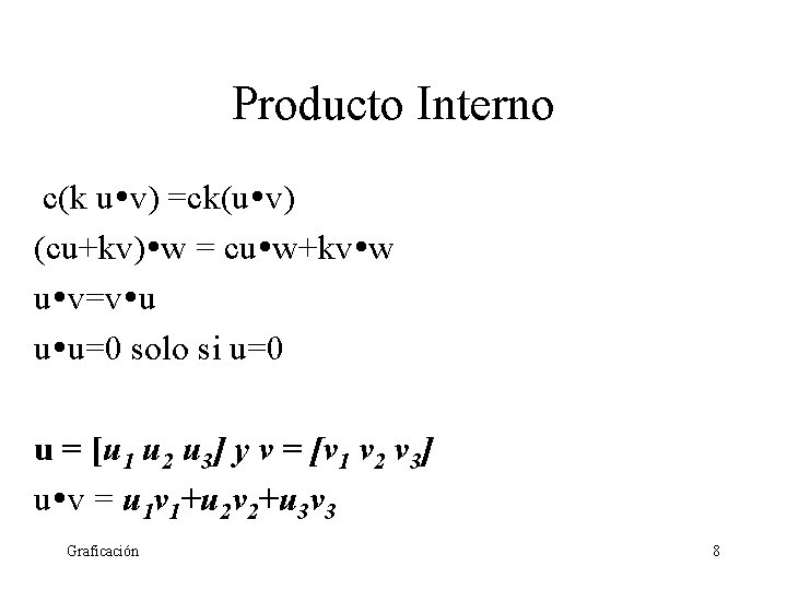 Producto Interno c(k u v) =ck(u v) (cu+kv) w = cu w+kv w u