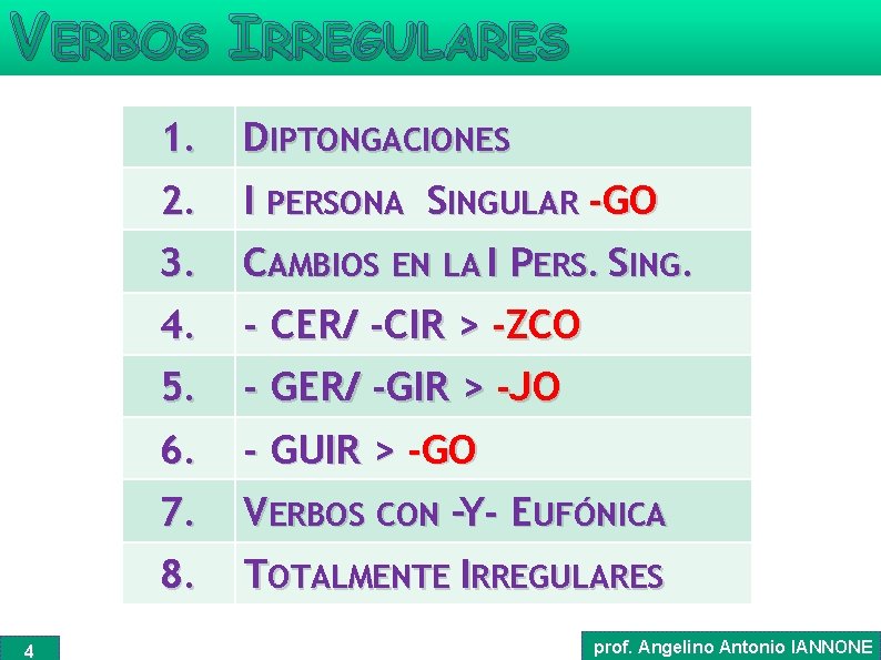 VERBOS IRREGULARES 4 1. DIPTONGACIONES 2. I PERSONA SINGULAR -GO 3. CAMBIOS EN LA