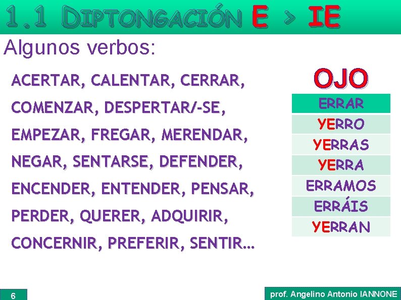 1. 1 DIPTONGACIÓN E > IE Algunos verbos: ACERTAR, CALENTAR, CERRAR, COMENZAR, DESPERTAR/-SE, EMPEZAR,