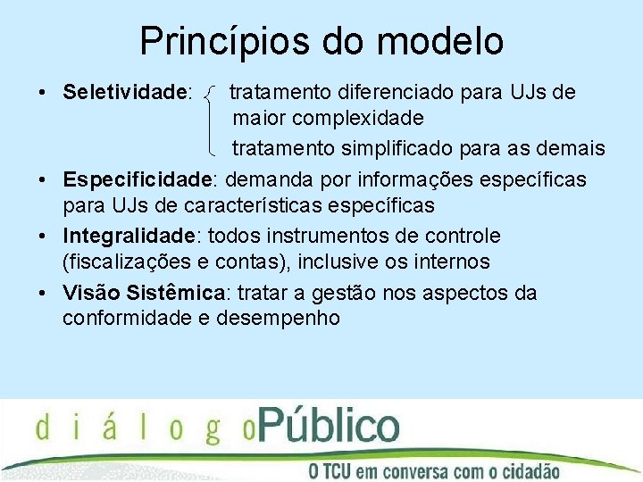 Princípios do modelo • Seletividade: tratamento diferenciado para UJs de maior complexidade tratamento simplificado