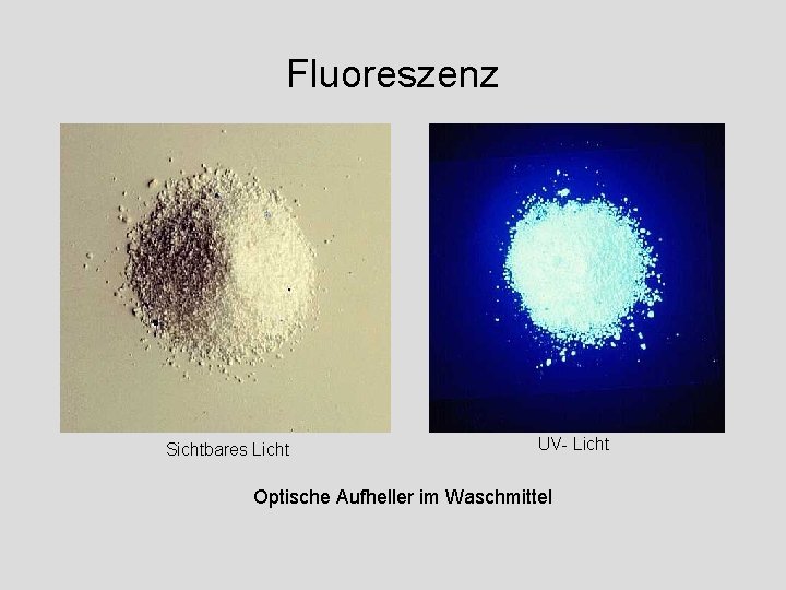 Fluoreszenz Sichtbares Licht UV- Licht Optische Aufheller im Waschmittel 