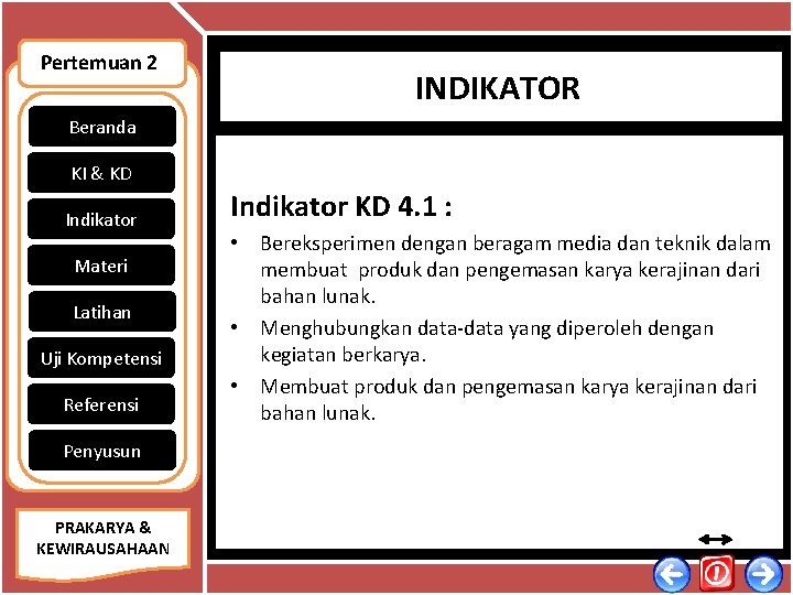 Pertemuan 2 INDIKATOR Beranda KI & KD Indikator Materi Latihan Uji Kompetensi Referensi Indikator