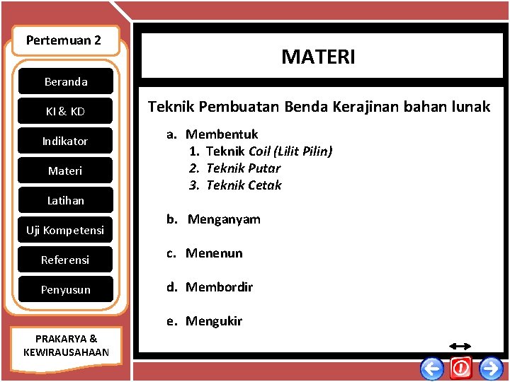 Pertemuan 2 MATERI Beranda KI & KD Indikator Materi Latihan Uji Kompetensi Teknik Pembuatan