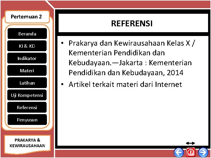 Pertemuan 2 REFERENSI Beranda KI & KD Indikator Materi Latihan • Prakarya dan Kewirausahaan