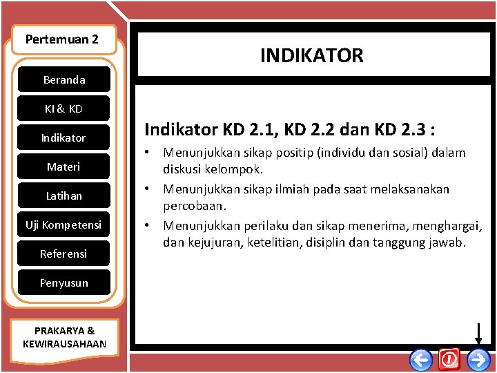 Pertemuan 2 INDIKATOR Beranda KI & KD Indikator Materi Latihan Uji Kompetensi Referensi Indikator