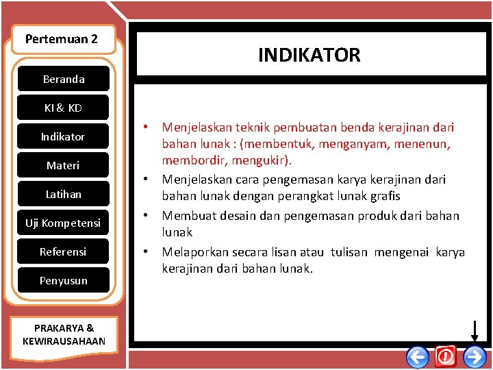 Pertemuan 2 INDIKATOR Beranda KI & KD Indikator Materi Latihan Uji Kompetensi Referensi Penyusun