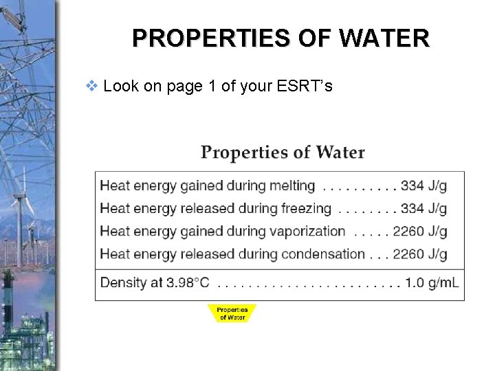 PROPERTIES OF WATER v Look on page 1 of your ESRT’s 