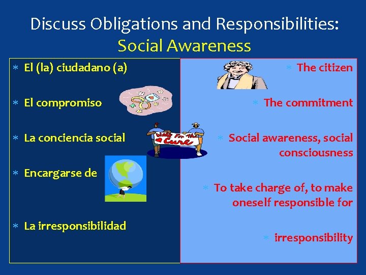 Discuss Obligations and Responsibilities: Social Awareness El (la) ciudadano (a) El compromiso La conciencia