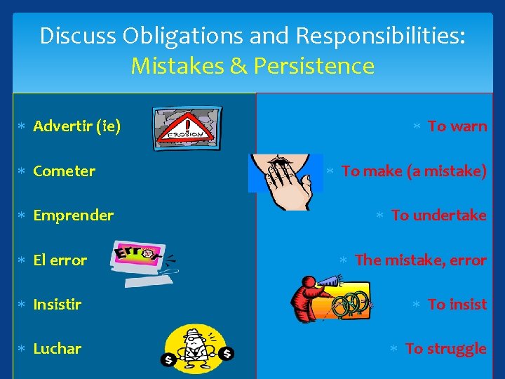 Discuss Obligations and Responsibilities: Mistakes & Persistence Advertir (ie) Cometer Emprender El error To