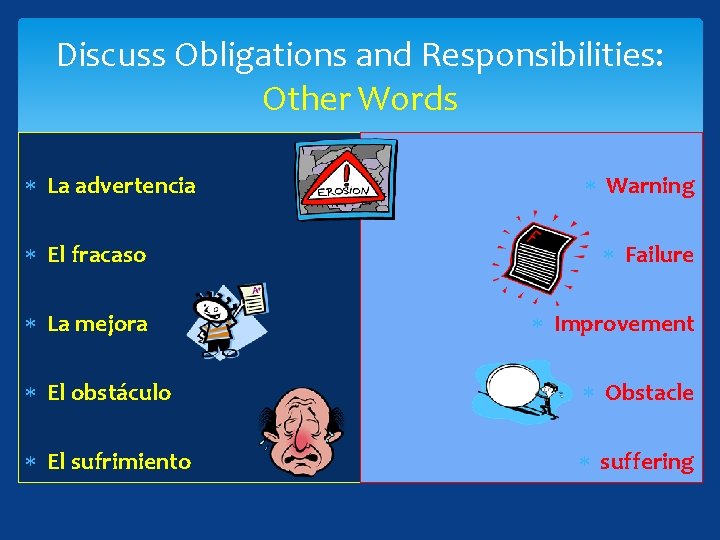 Discuss Obligations and Responsibilities: Other Words La advertencia Warning El fracaso Failure La mejora