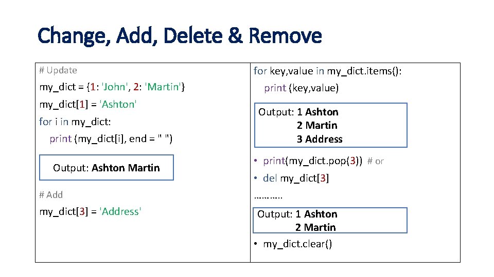 Change, Add, Delete & Remove # Update my_dict = {1: 'John', 2: 'Martin'} my_dict[1]