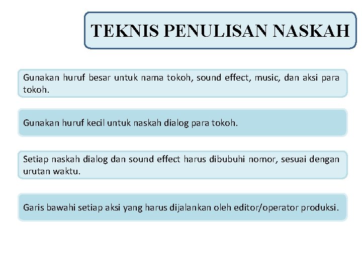 TEKNIS PENULISAN NASKAH Gunakan huruf besar untuk nama tokoh, sound effect, music, dan aksi