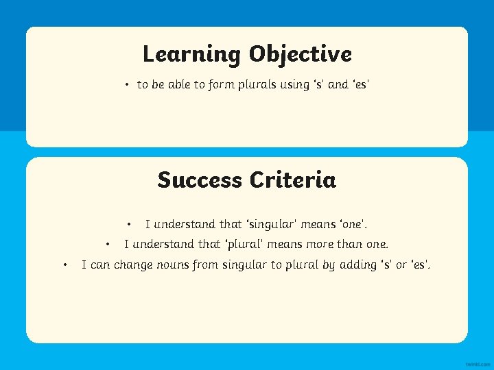 Learning Objective • to be able to form plurals using ‘s’ and ‘es’ Success