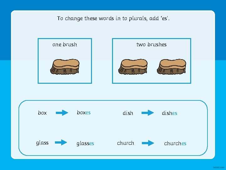 To change these words in to plurals, add ‘es’. one brush box glass boxes