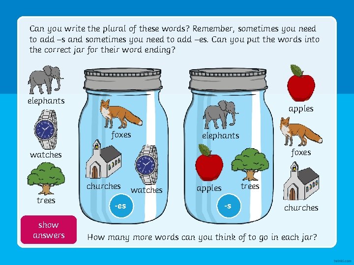 Can you write the plural of these words? Remember, sometimes you need to add