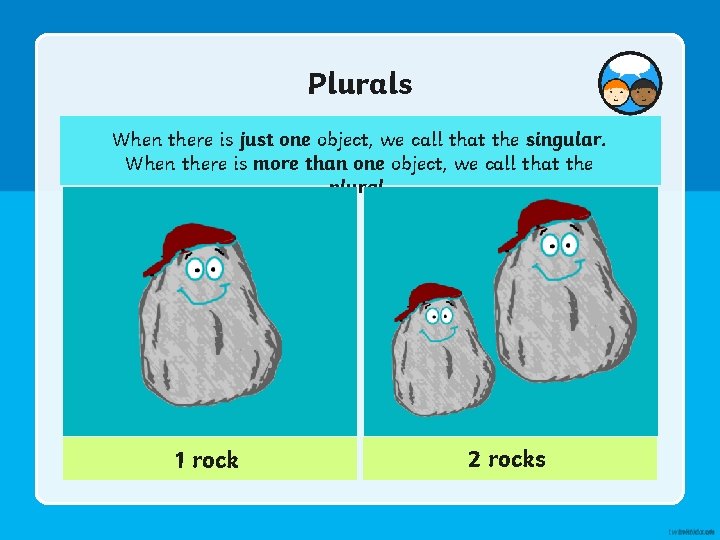 Plurals When there is just one object, we call that the singular. When there