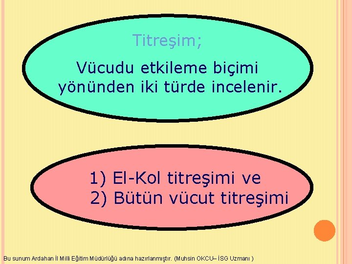 Titreşim; Vücudu etkileme biçimi yönünden iki türde incelenir. 1) El-Kol titreşimi ve 2) Bütün