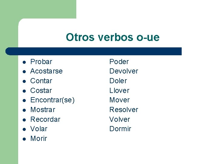 Otros verbos o-ue l l l l l Probar Acostarse Contar Costar Encontrar(se) Mostrar