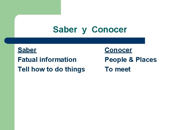 Saber y Conocer Saber Fatual information Tell how to do things Conocer People &