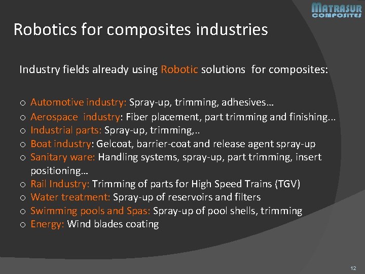 Robotics for composites industries Industry fields already using Robotic solutions for composites: o o