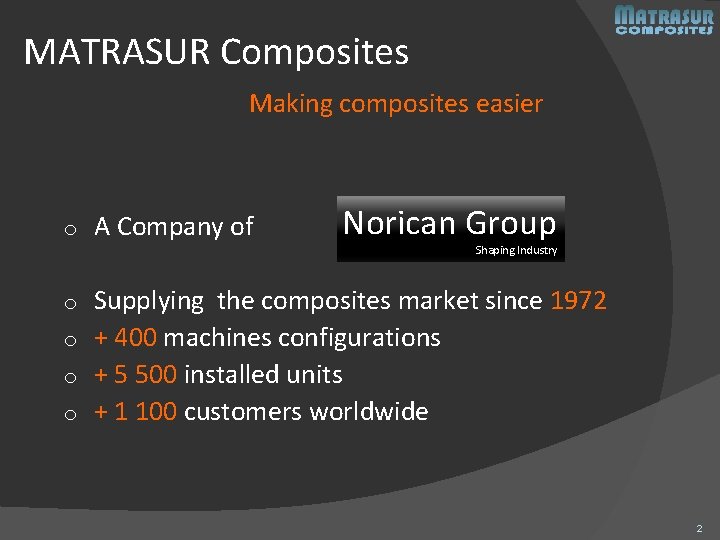 MATRASUR Composites Making composites easier o A Company of Norican Group Shaping Industry Supplying