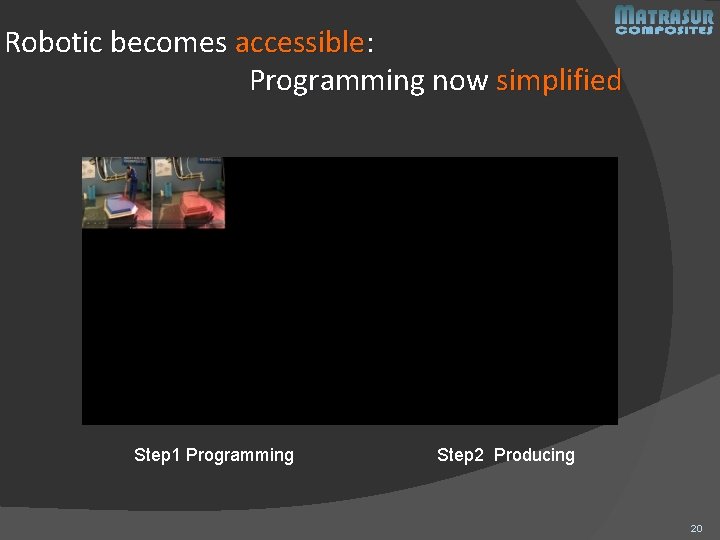 Robotic becomes accessible: Programming now simplified Step 1 Programming Step 2 Producing 20 