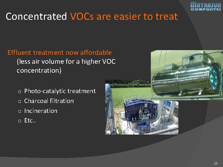 Concentrated VOCs are easier to treat Effluent treatment now affordable (less air volume for