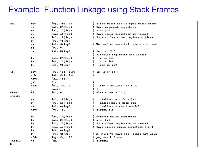 Example: Function Linkage using Stack Frames div: if: else: endif: enddiv: # sub sw